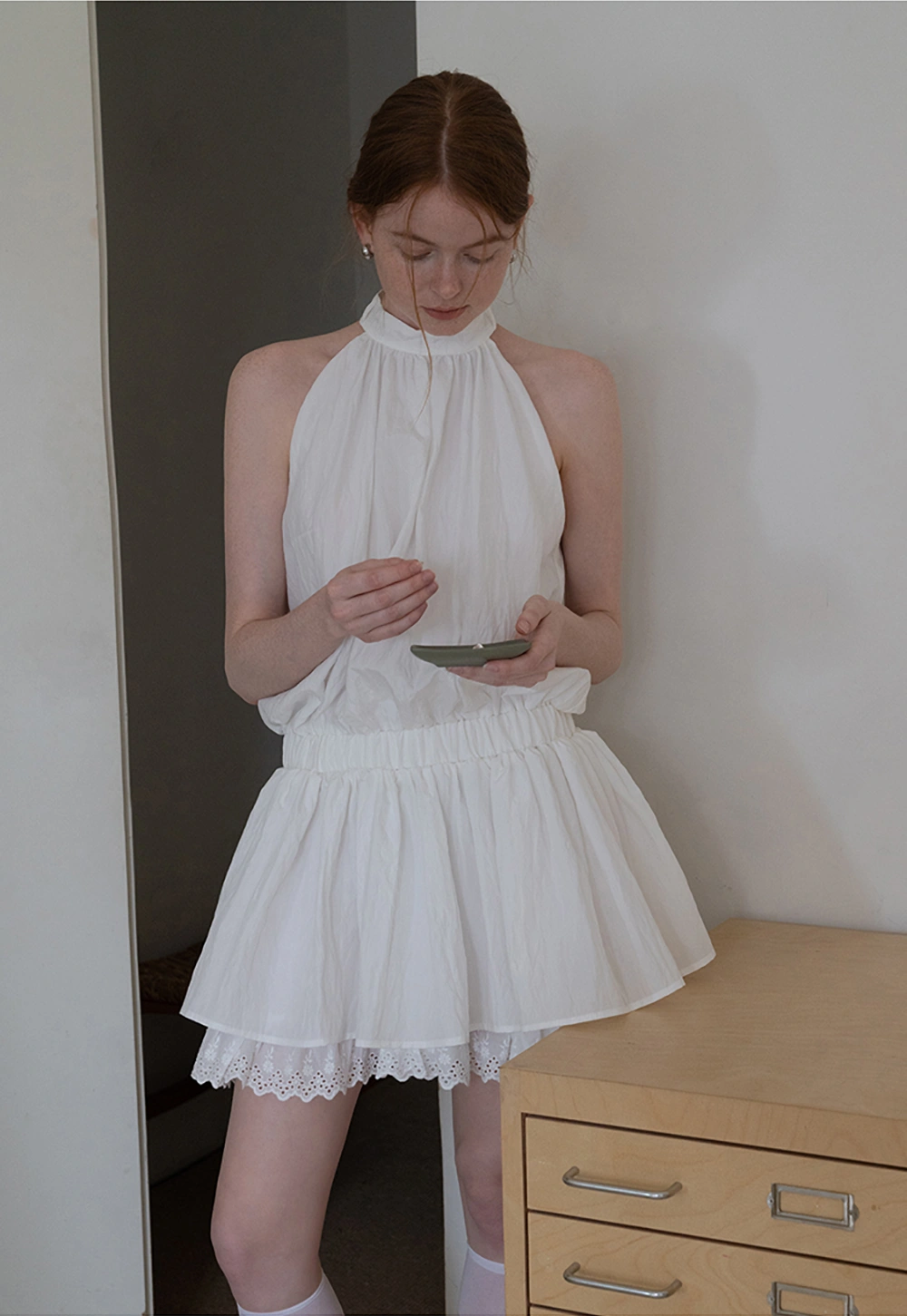 Eyelet Trim Halter Mini Dress