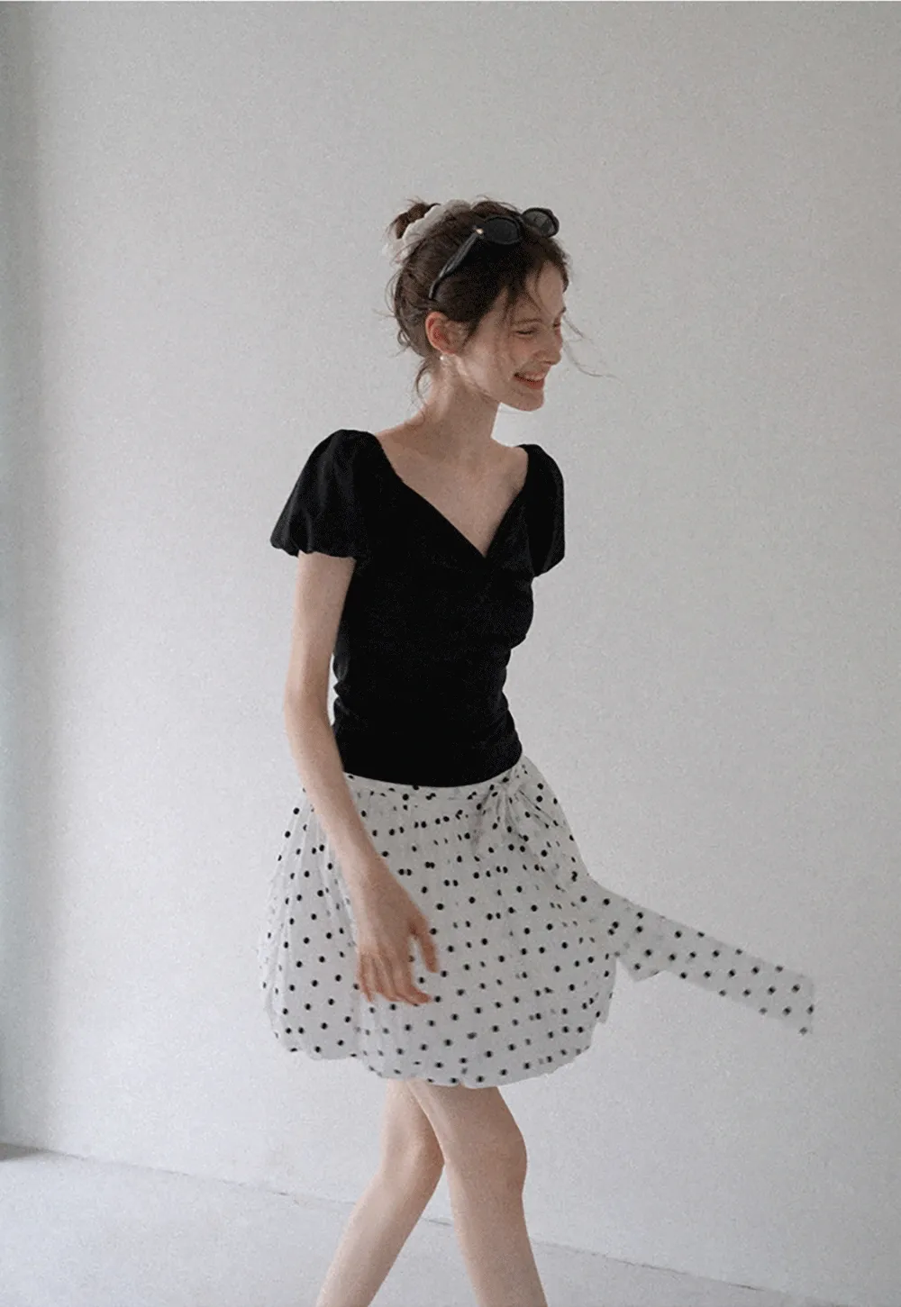 Women's Polka Dot High Waist Mini Skirt with Bow Tie