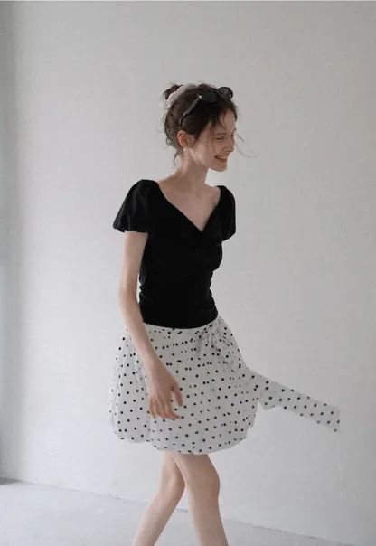 Women's Polka Dot High Waist Mini Skirt with Bow Tie
