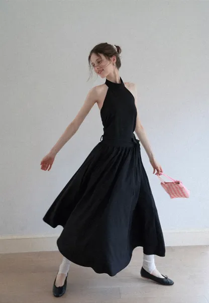 Halter Neck Midi Dress with Waist Tie