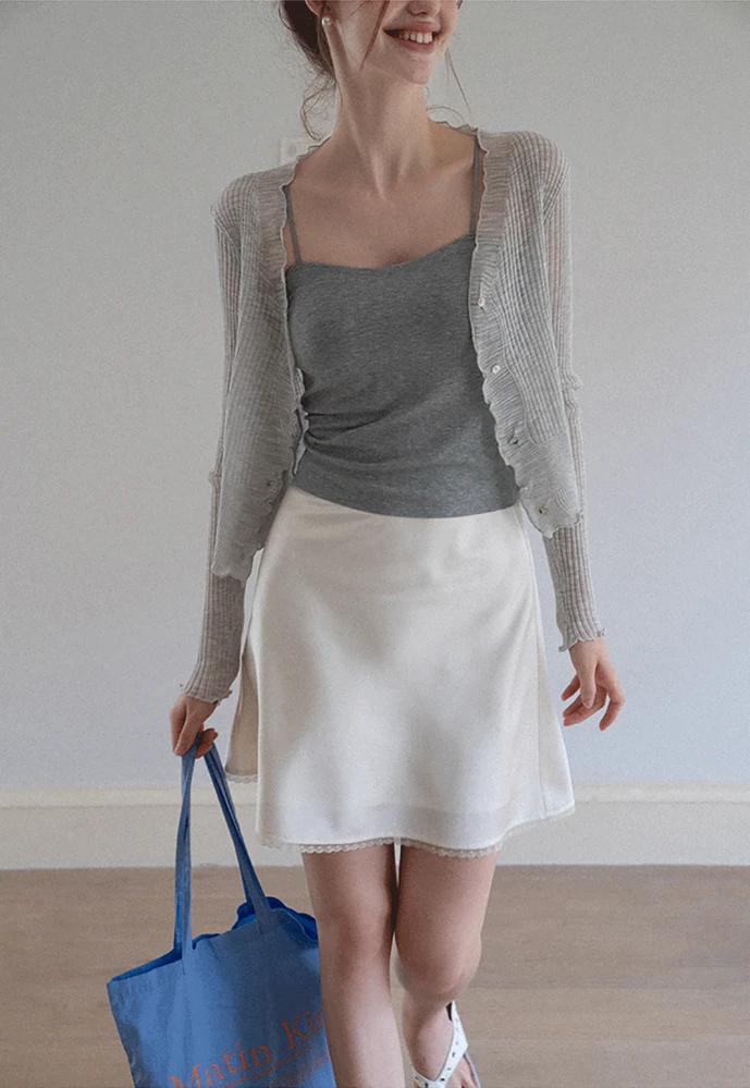 Women Ruffle Ribbed Knit Button Cardigan