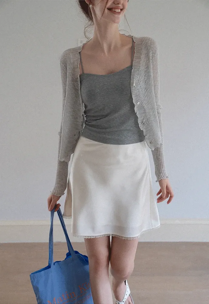 Women Ruffle Ribbed Knit Button Cardigan