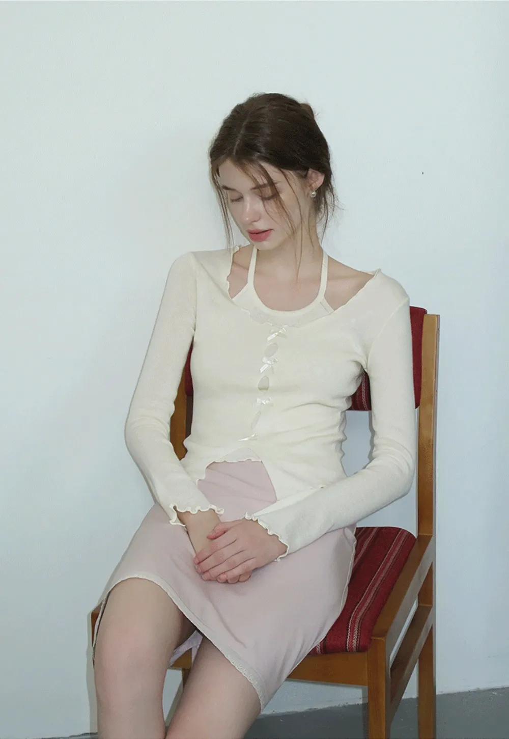 Women Long Sleeve Bow Front Split Hem Lettuce Trim Knit Top