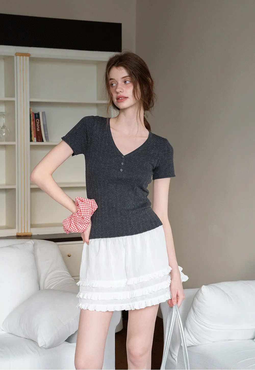 Ribbed V-Neck Buttoned Knit Top