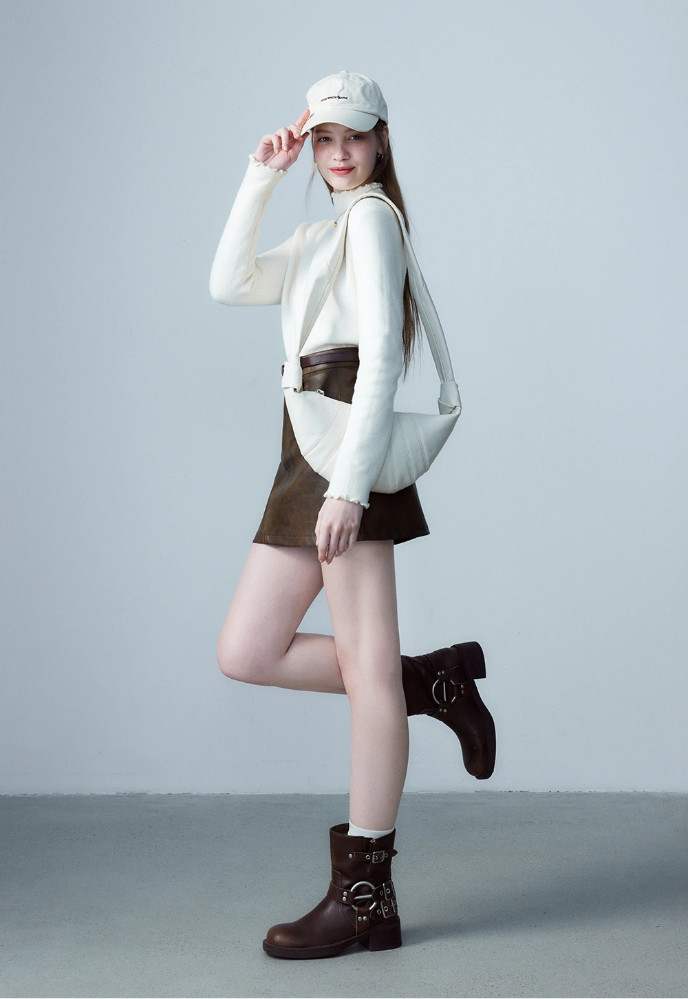 Women's Faux Leather Mini Skirt, A-Line with Belt and Pockets, Vintage Brown