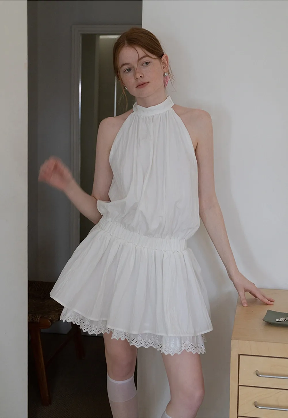 Eyelet Trim Halter Mini Dress