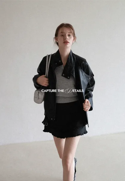 Funnel-Neck Leather Jacket