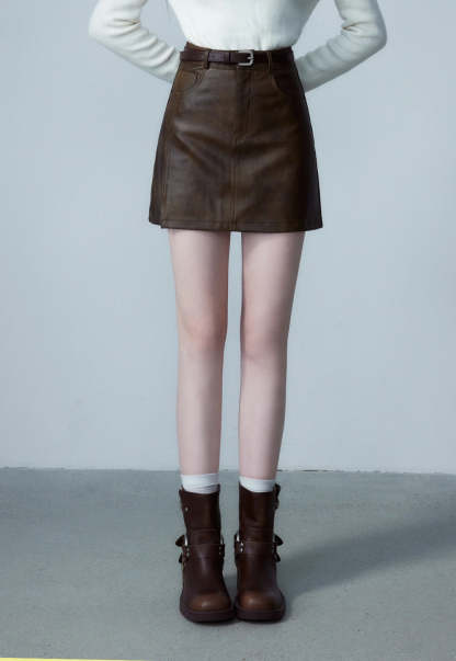 Women's Faux Leather Mini Skirt, A-Line with Belt and Pockets, Vintage Brown