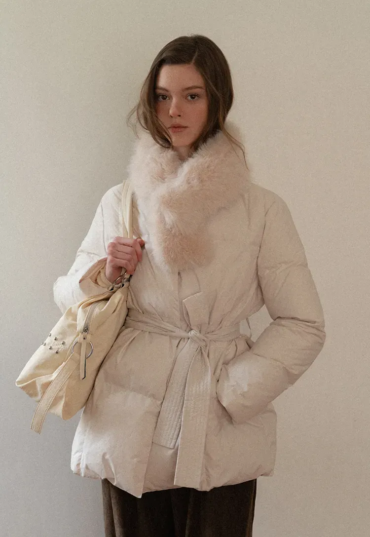 Belted Down Coat with Faux Fur Collar