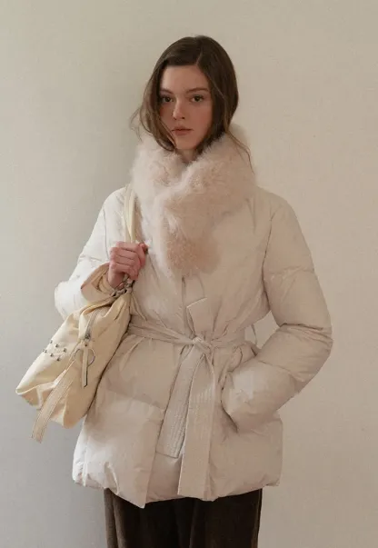Belted Down Coat with Faux Fur Collar