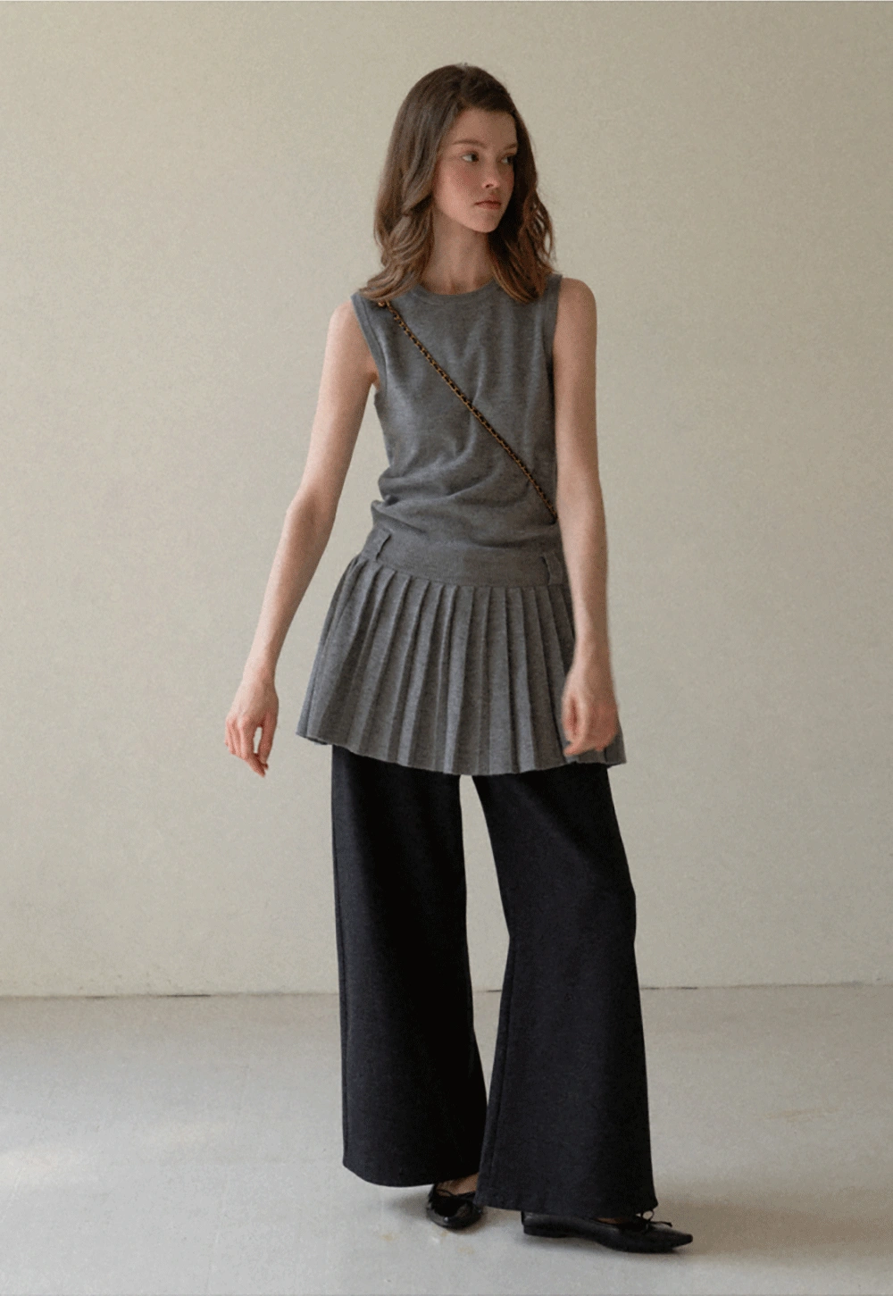 Elegant Pleated Skirt Dress with Knit Cardigan