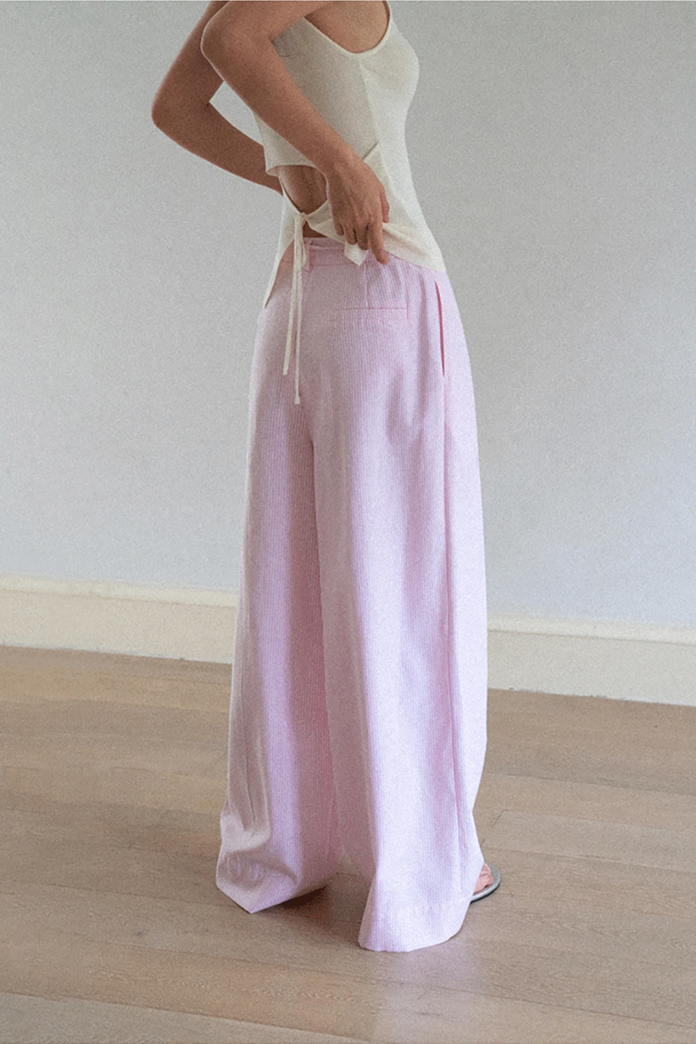 Wide Leg Pleated Casual Pants with Drawstring Waist