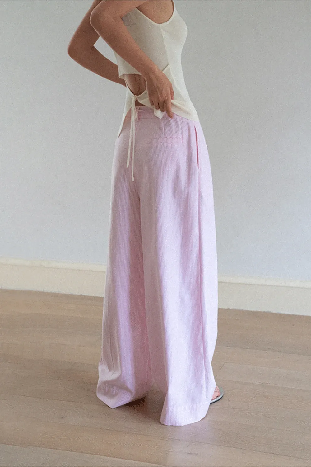 Wide Leg Pleated Casual Pants with Drawstring Waist