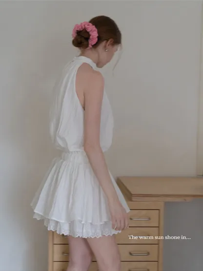 Eyelet Trim Halter Mini Dress