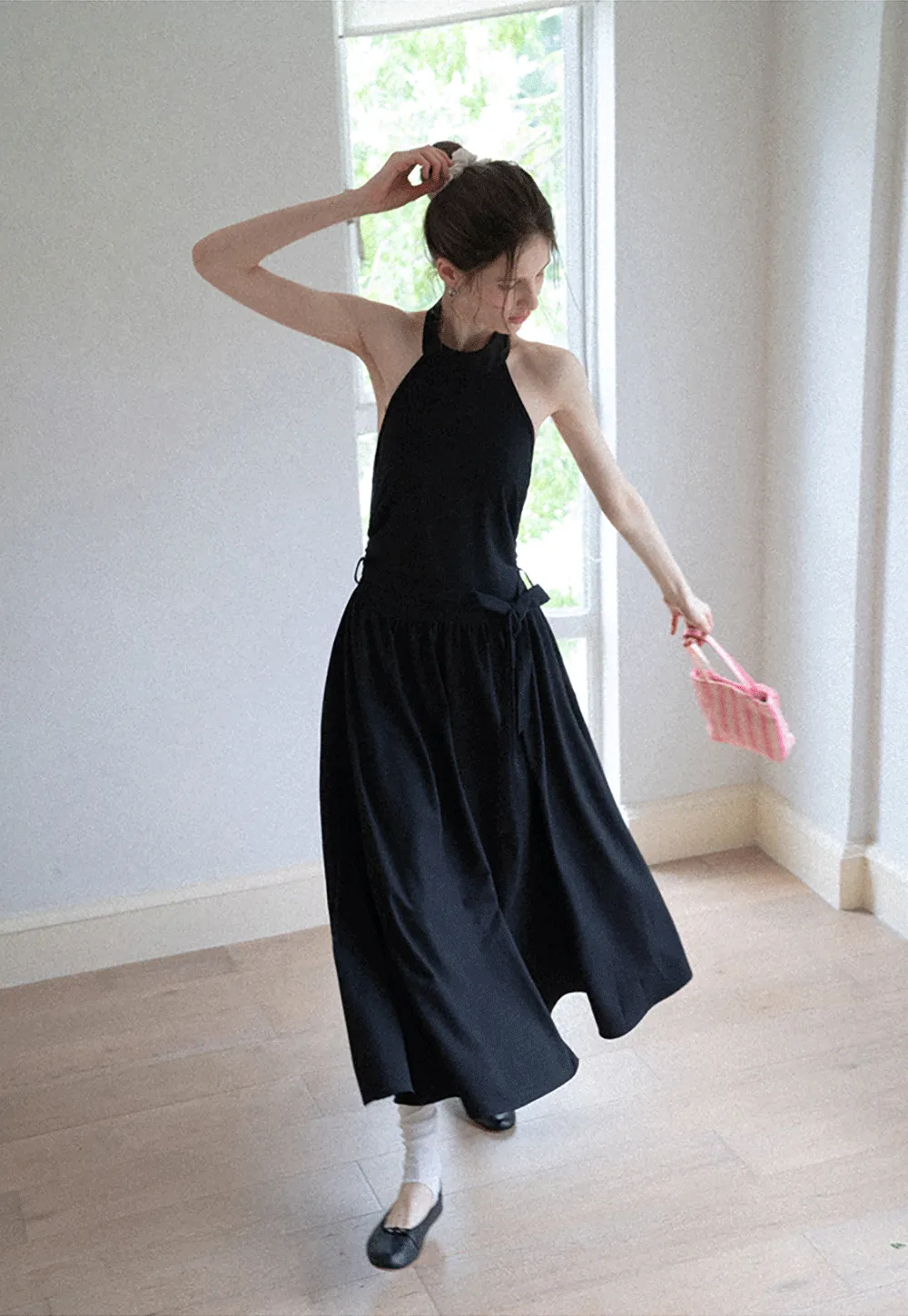 Halter Neck Midi Dress with Waist Tie