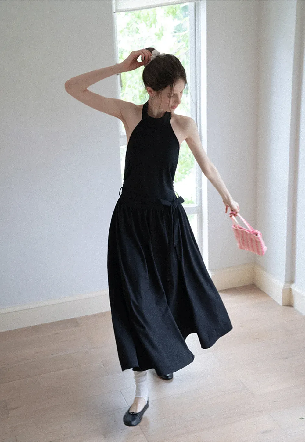 Halter Neck Midi Dress with Waist Tie