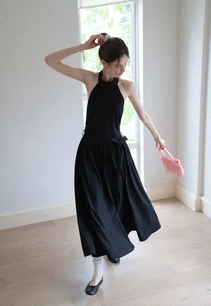 Halter Neck Midi Dress with Waist Tie