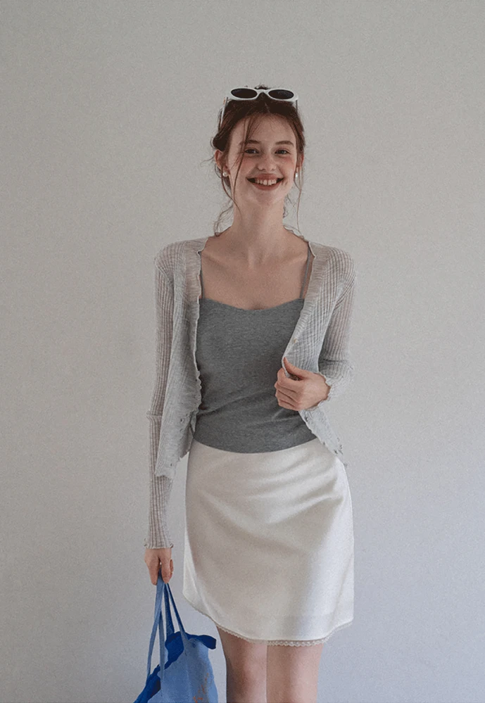 Women Ruffle Ribbed Knit Button Cardigan