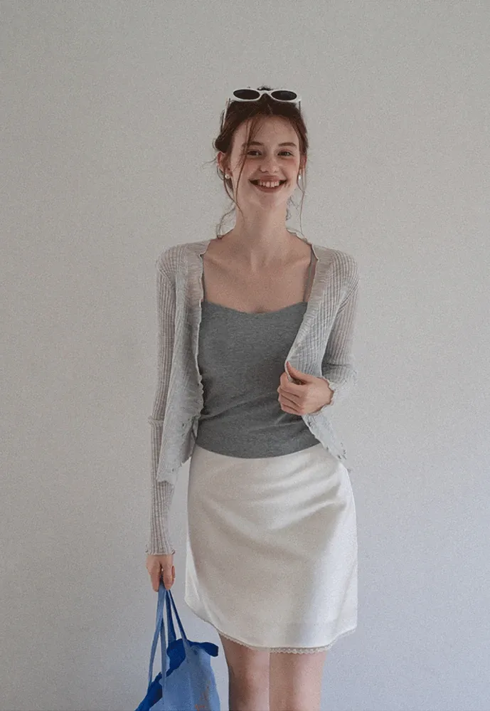 Women Ruffle Ribbed Knit Button Cardigan