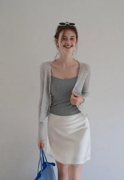 Women Ruffle Ribbed Knit Button Cardigan