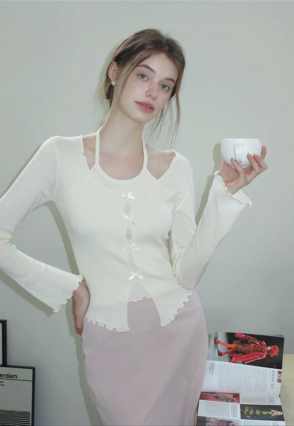 Women Long Sleeve Bow Front Split Hem Lettuce Trim Knit Top