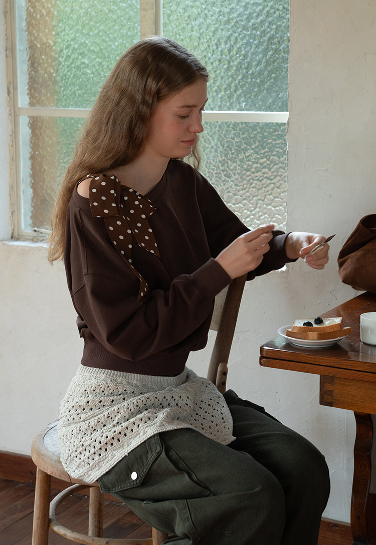 Women Tie-Front Loose One-Shoulder Sweatshirt