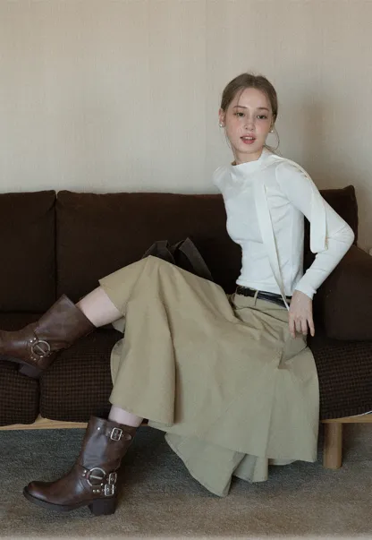 Womens High Waist Asymmetrical Midi Skirt