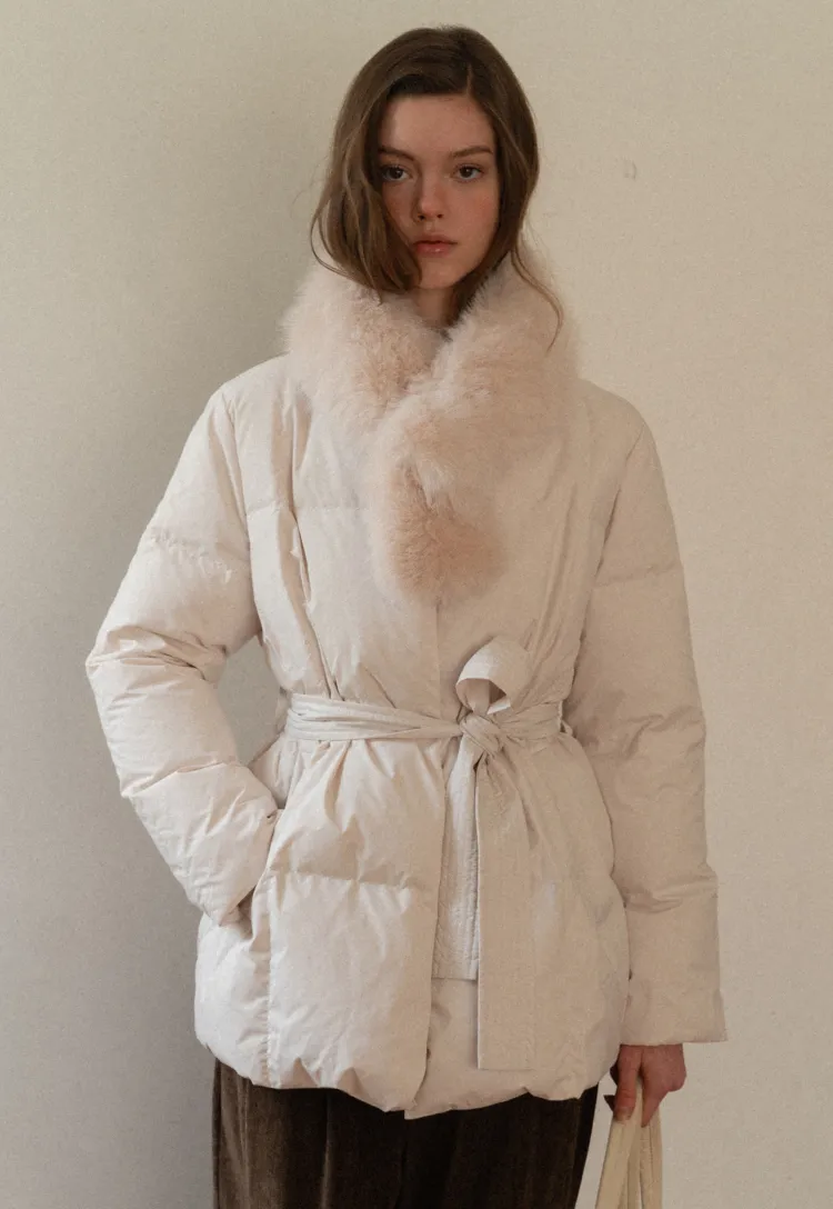 Belted Down Coat with Faux Fur Collar