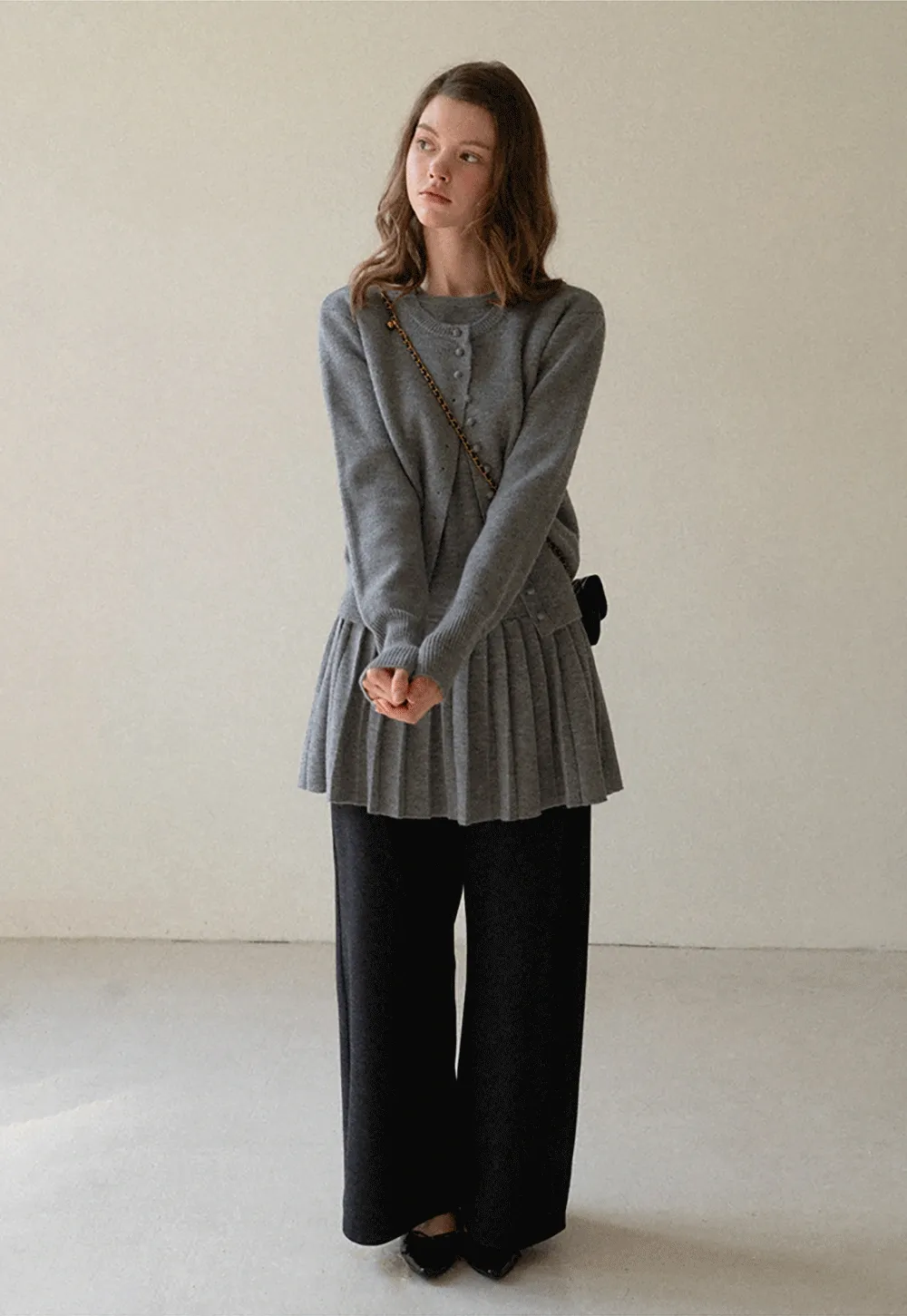 Elegant Pleated Skirt Dress with Knit Cardigan