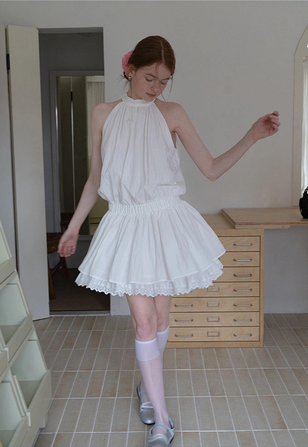 Eyelet Trim Halter Mini Dress