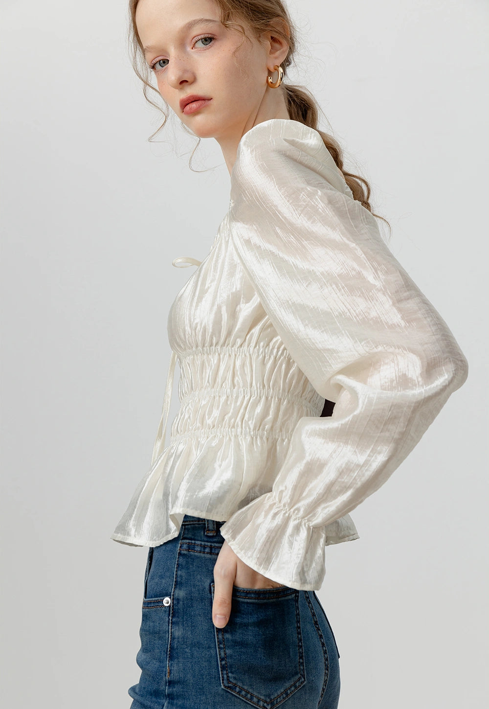 Women's Satin Smocked Blouse with Puff Sleeves