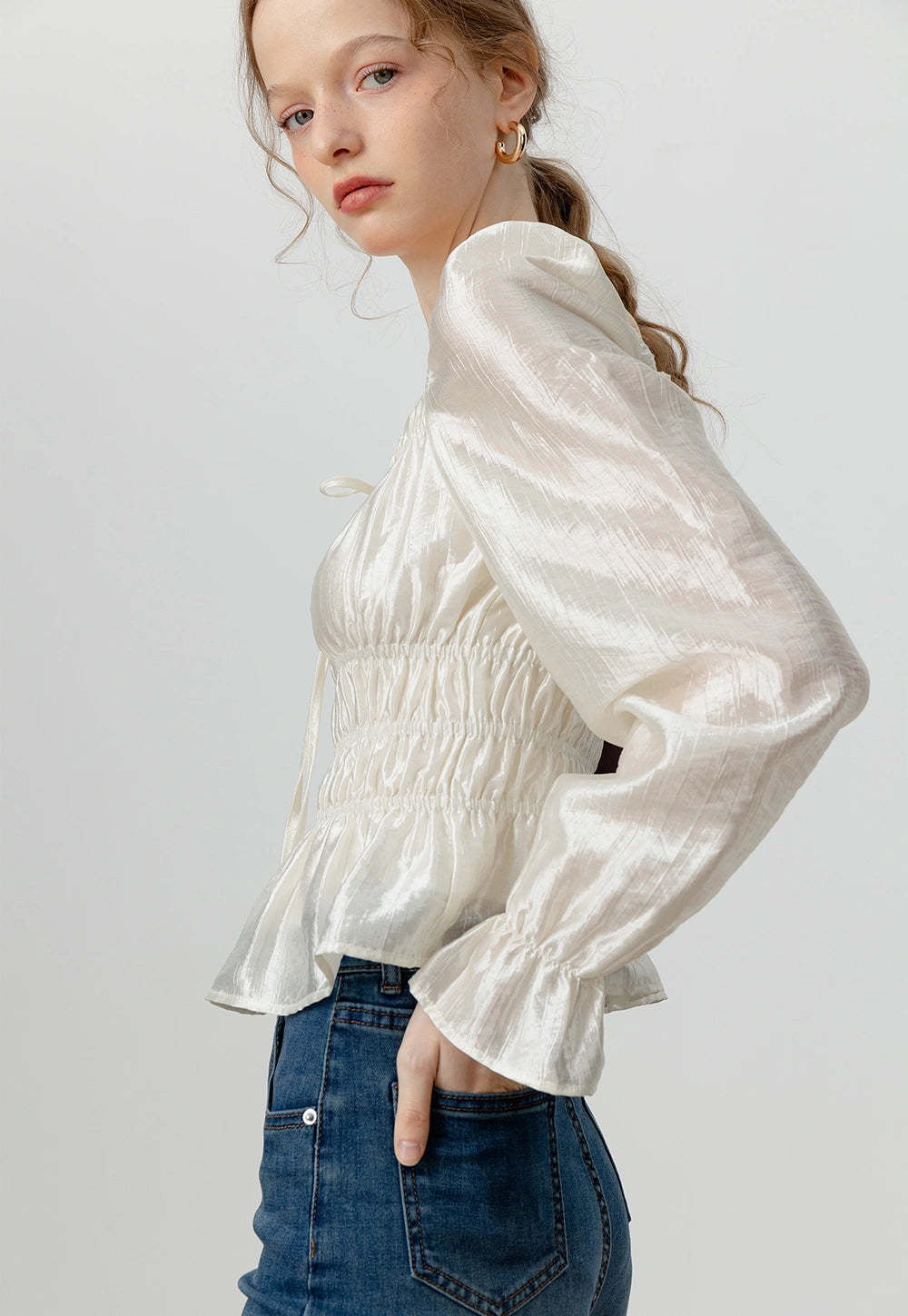 Women's Satin Smocked Blouse with Puff Sleeves