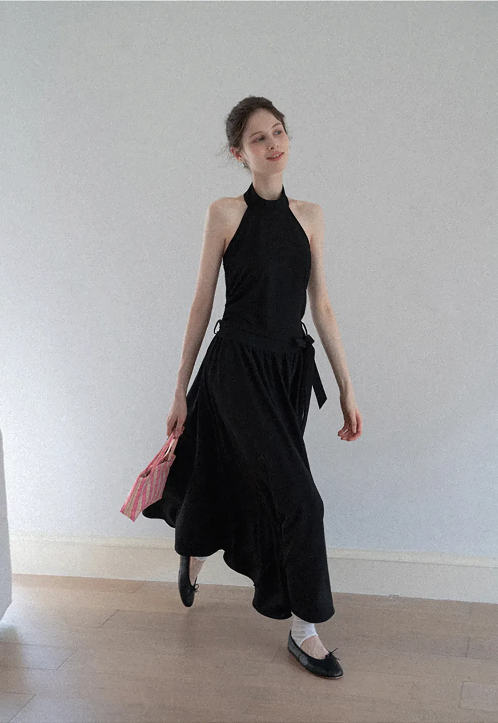 Halter Neck Midi Dress with Waist Tie