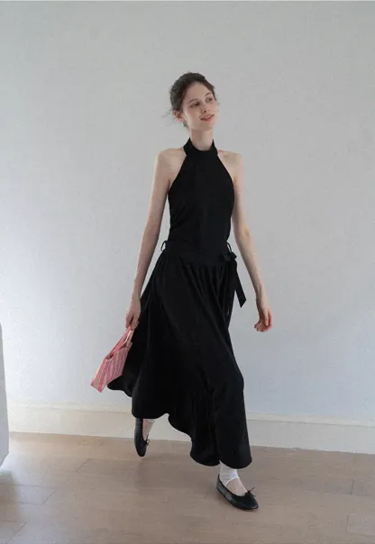 Halter Neck Midi Dress with Waist Tie