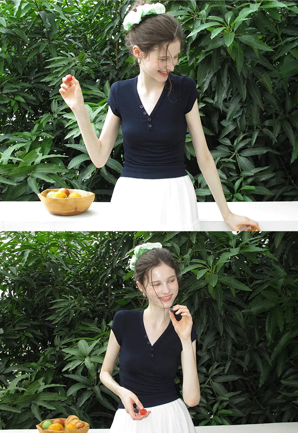 Women's V Neck Button Front Short Sleeve T-Shirt