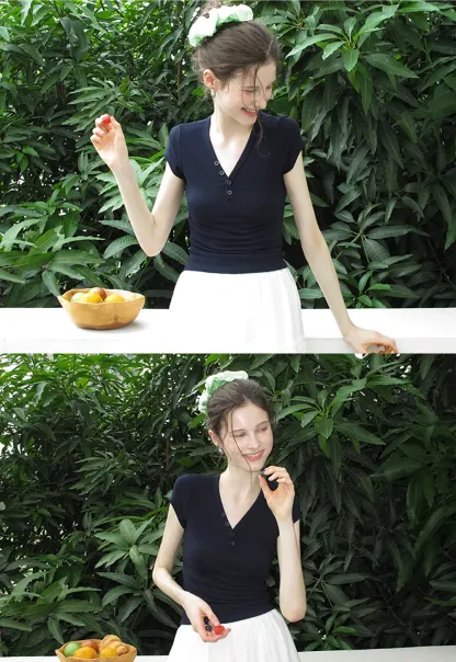 Women's V Neck Button Front Short Sleeve T-Shirt