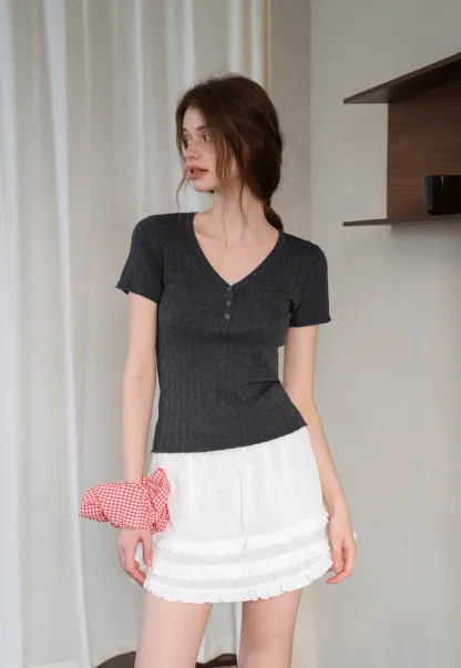 Ribbed V-Neck Buttoned Knit Top