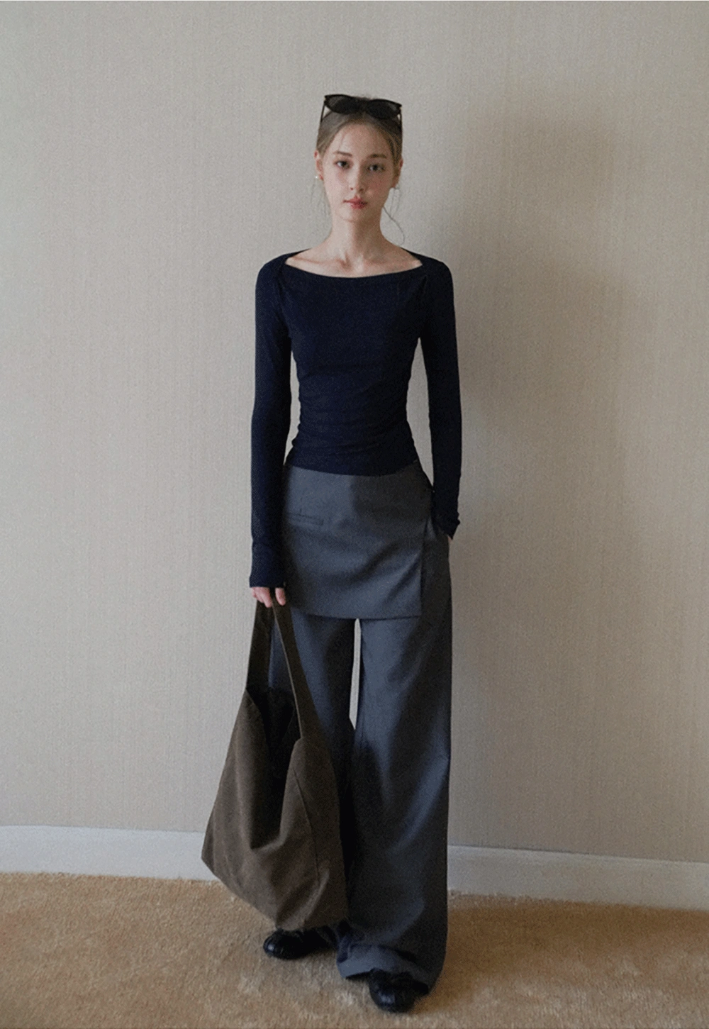 Women Boat Neck Ruched Long Sleeve T-Shirts