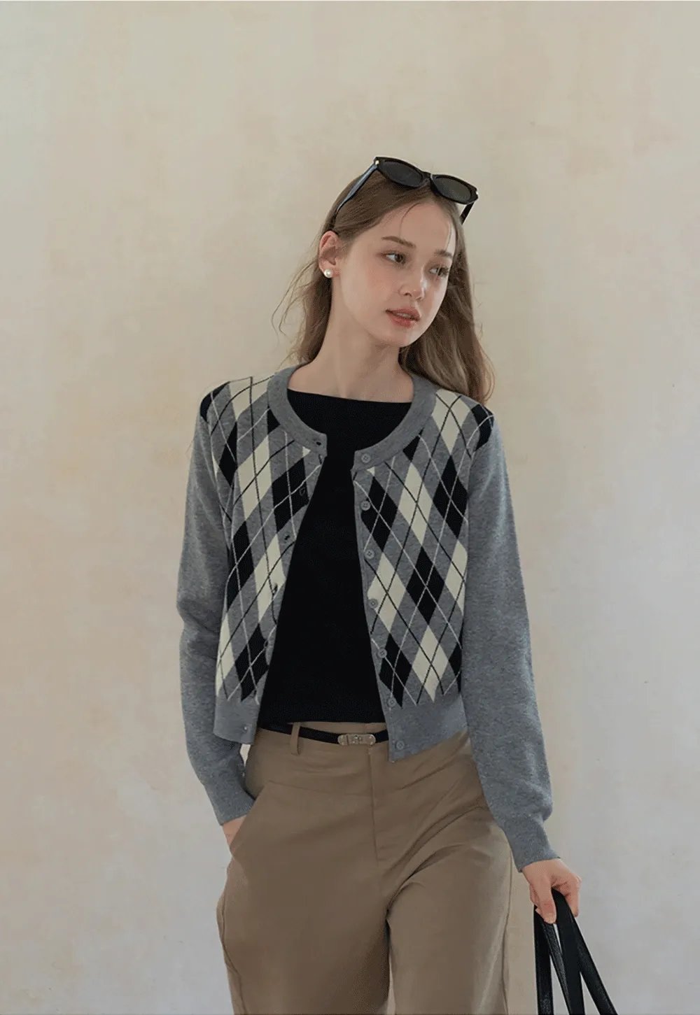 Womens Argyle Knit Button Down Cardigan Sweater