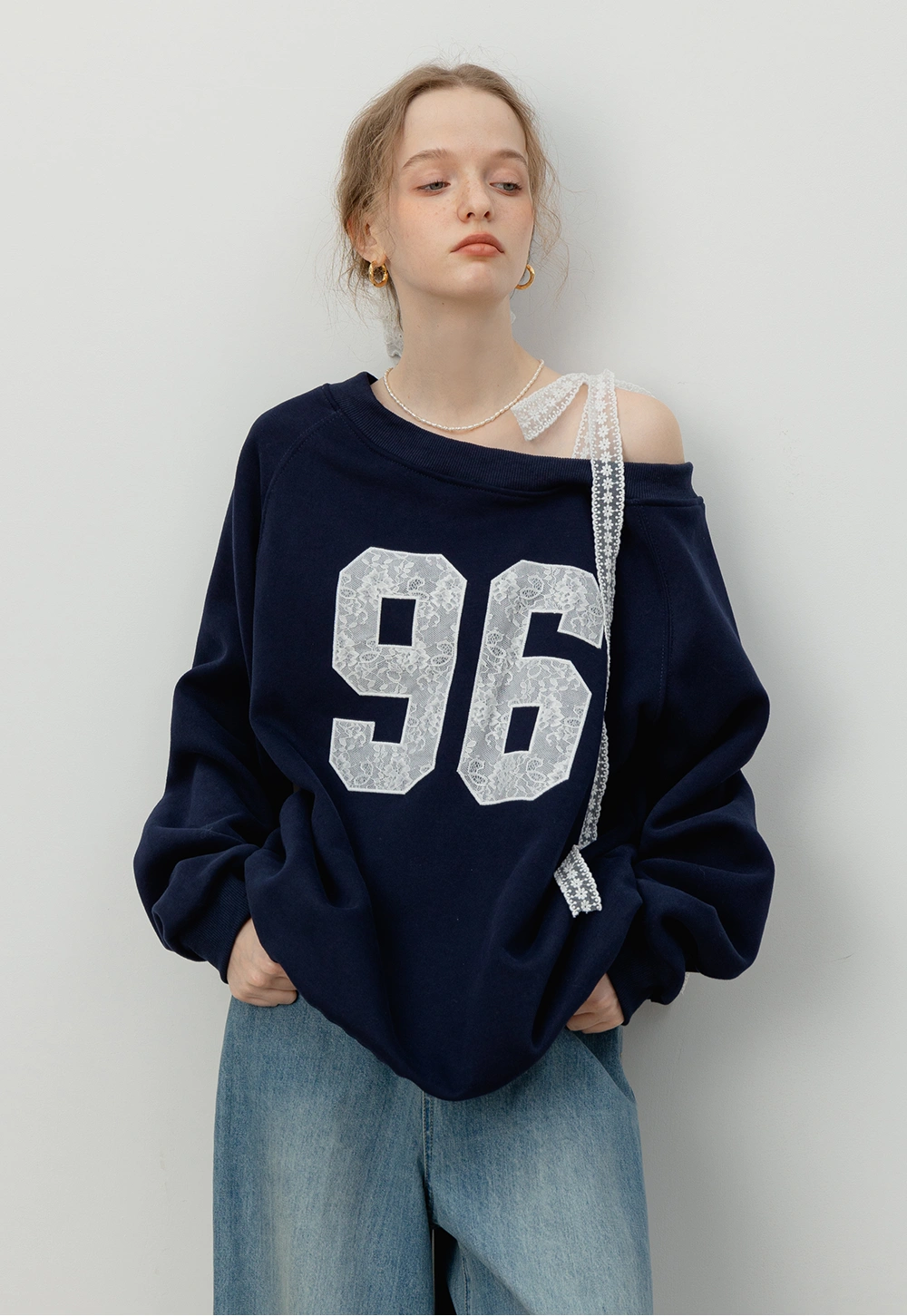 Women's Lace Off Shoulder Graphic Sweatshirt