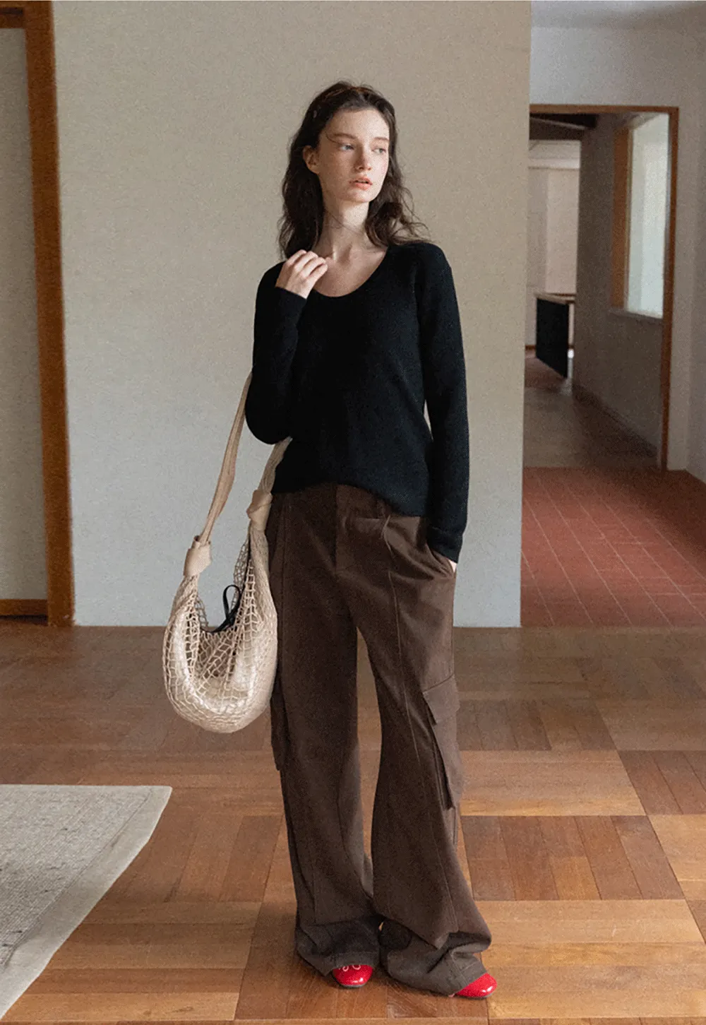 Ribbed Scoop Neck Long-Sleeve Top