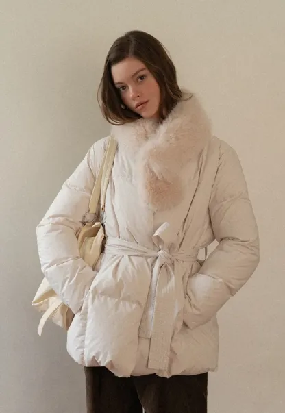 Belted Down Coat with Faux Fur Collar