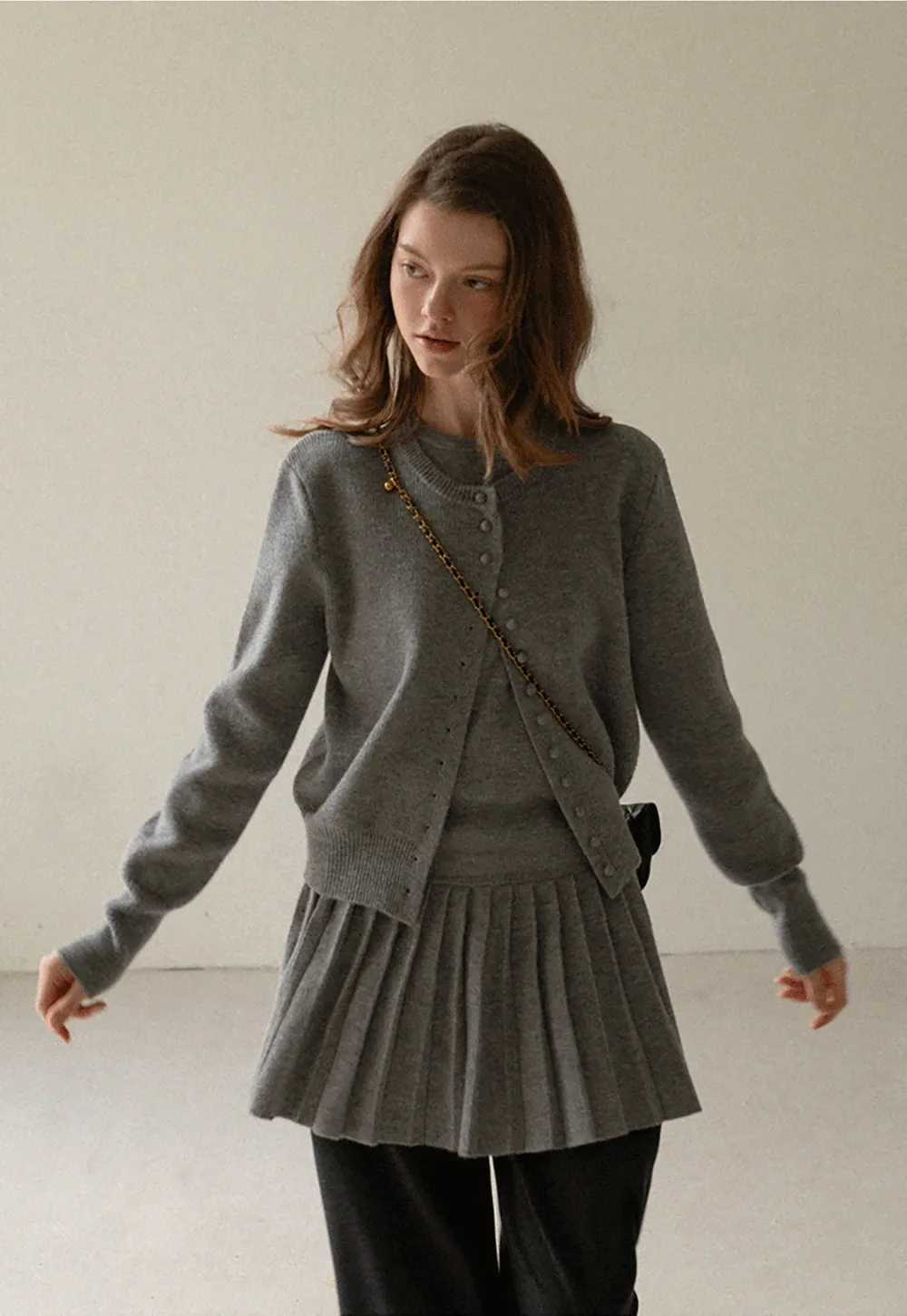 Elegant Pleated Skirt Dress with Knit Cardigan