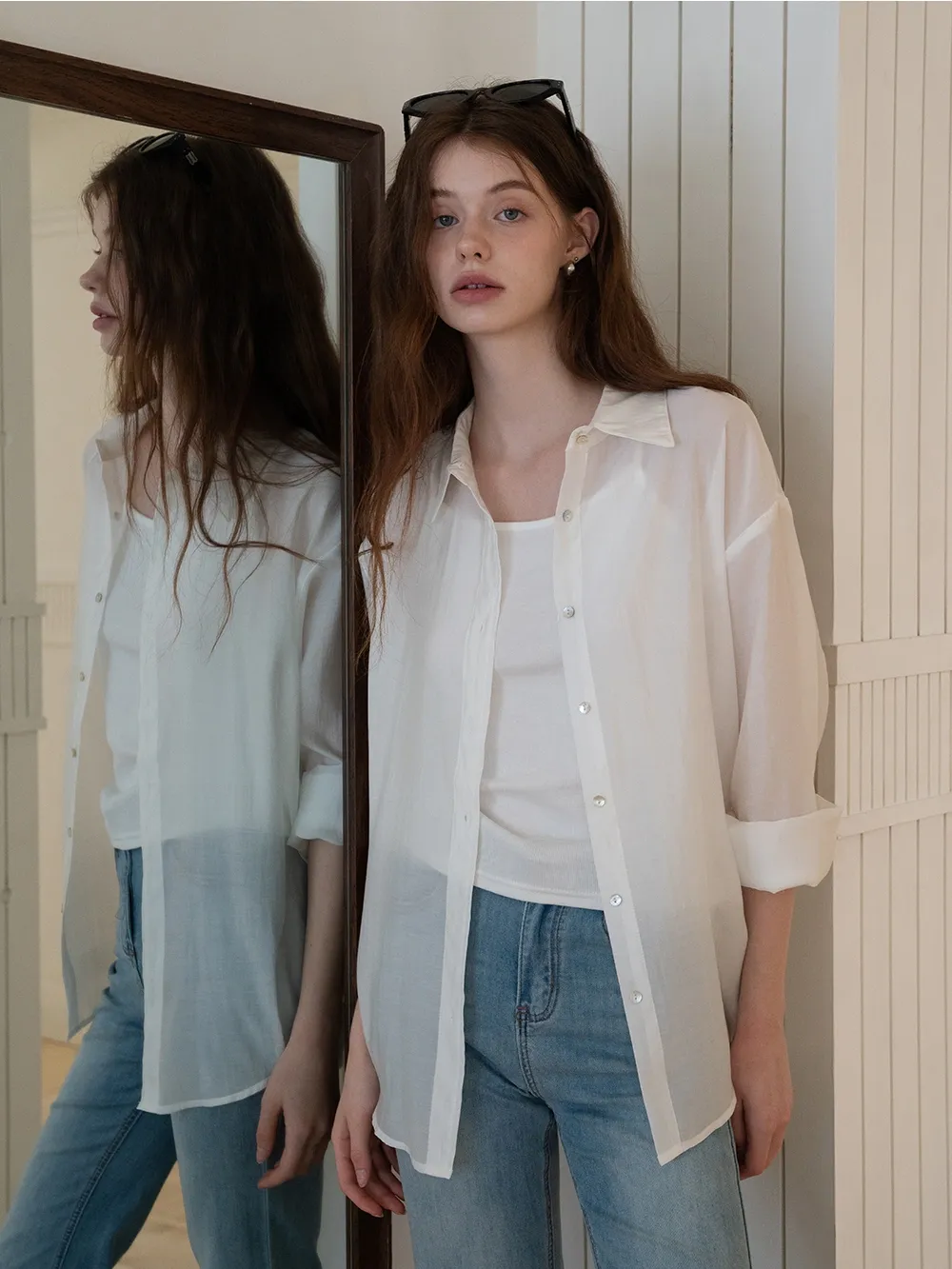 Women’s Button-up Shirt with Rolled Sleeves And Camis