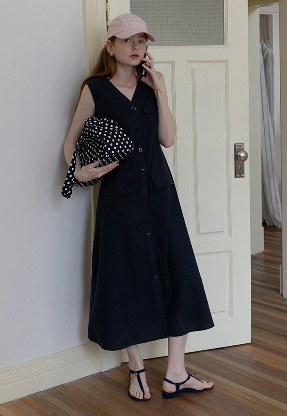 Sleeveless Button-Front Utility Midi Dress