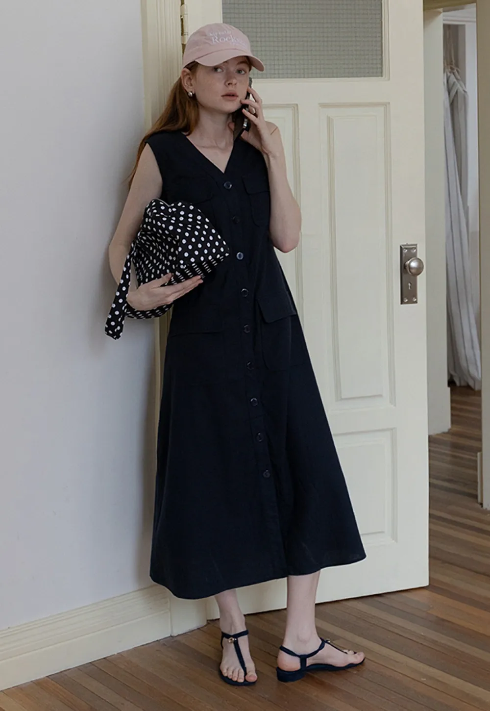 Sleeveless Button-Front Utility Midi Dress