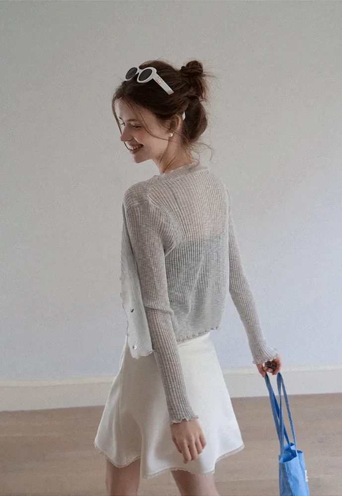 Women Ruffle Ribbed Knit Button Cardigan