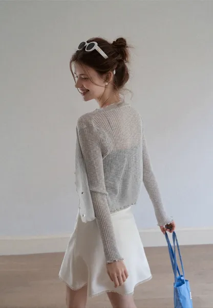 Women Ruffle Ribbed Knit Button Cardigan