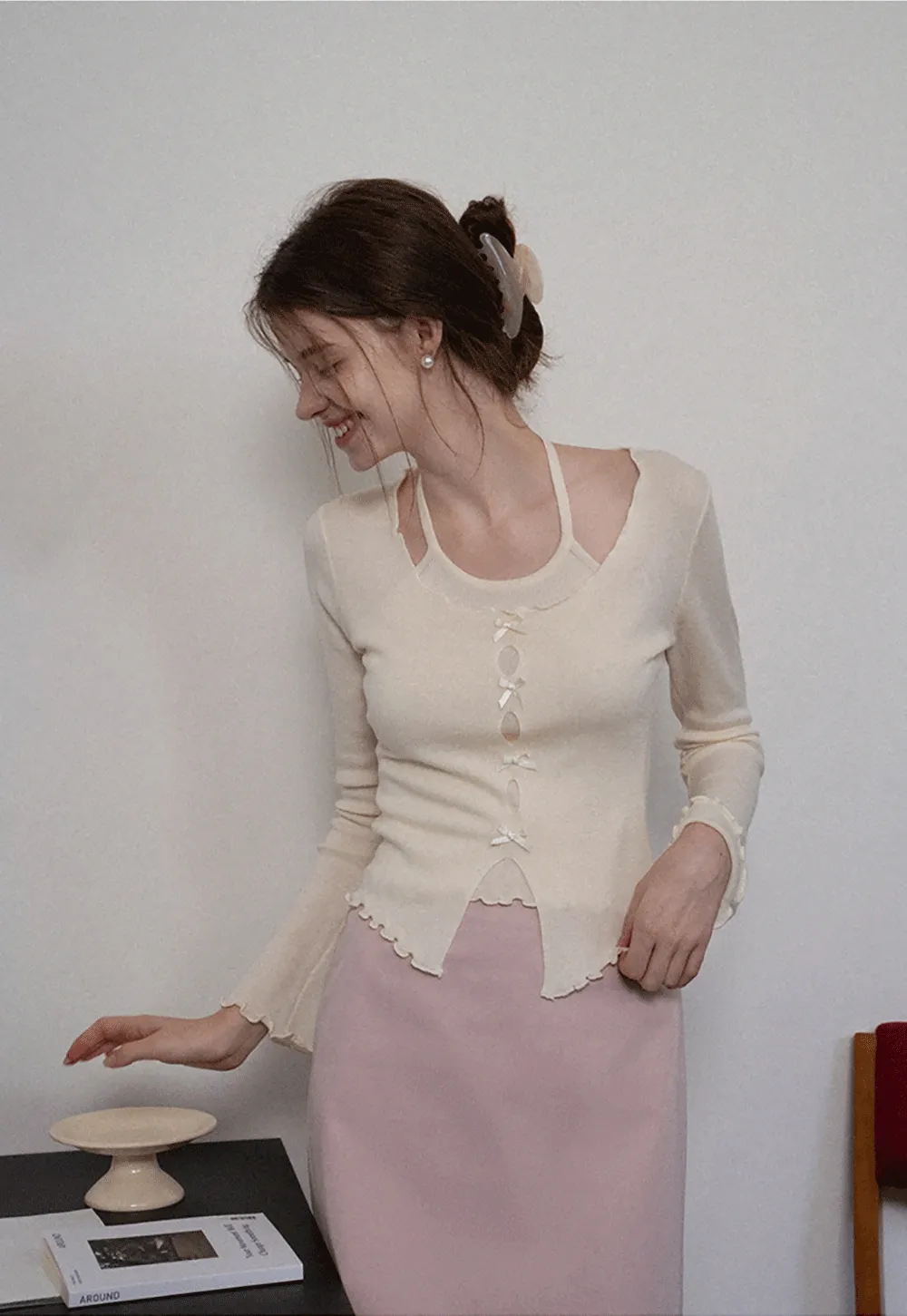 Women Long Sleeve Bow Front Split Hem Lettuce Trim Knit Top