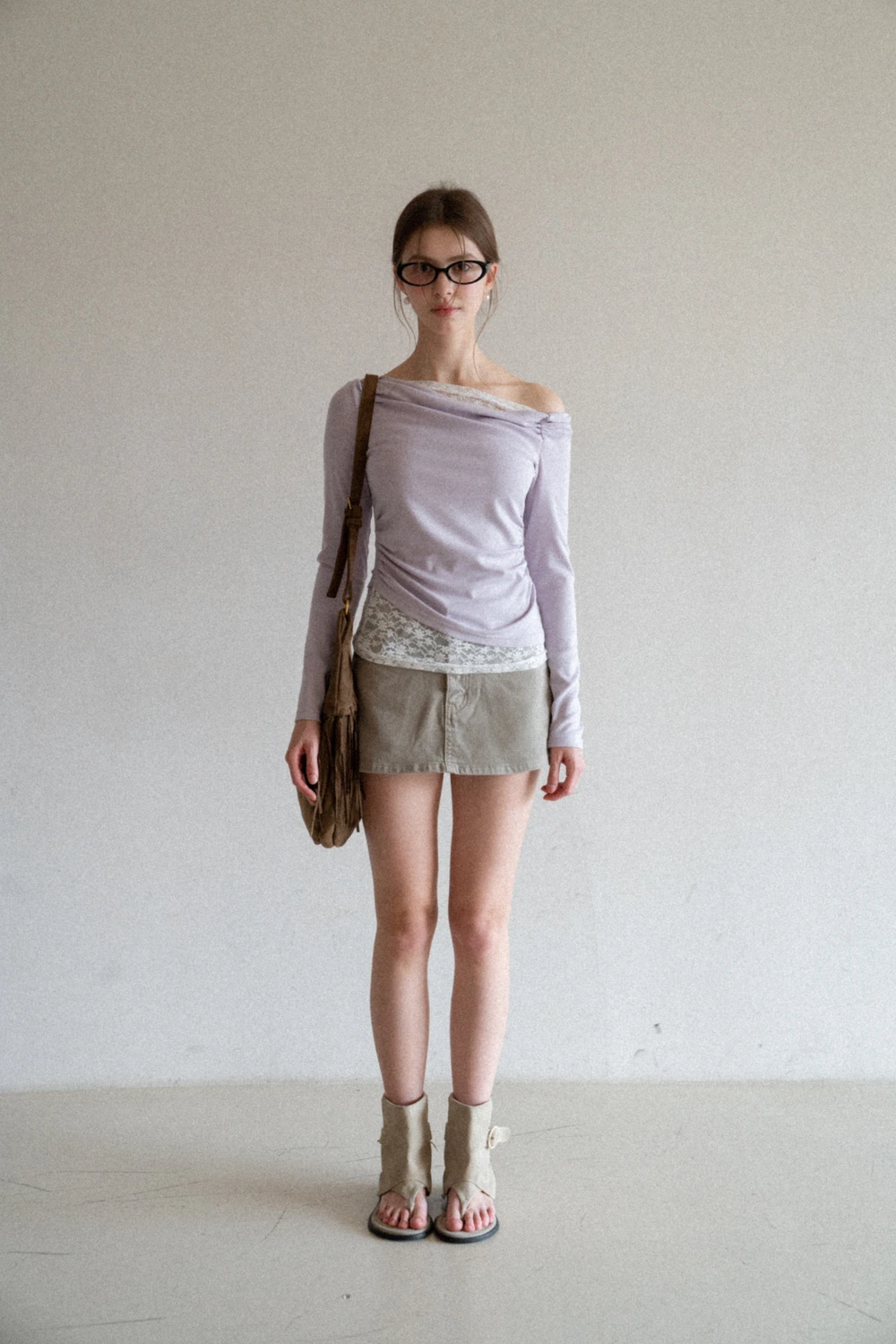 Off shoulder long sleeve top with lace trim